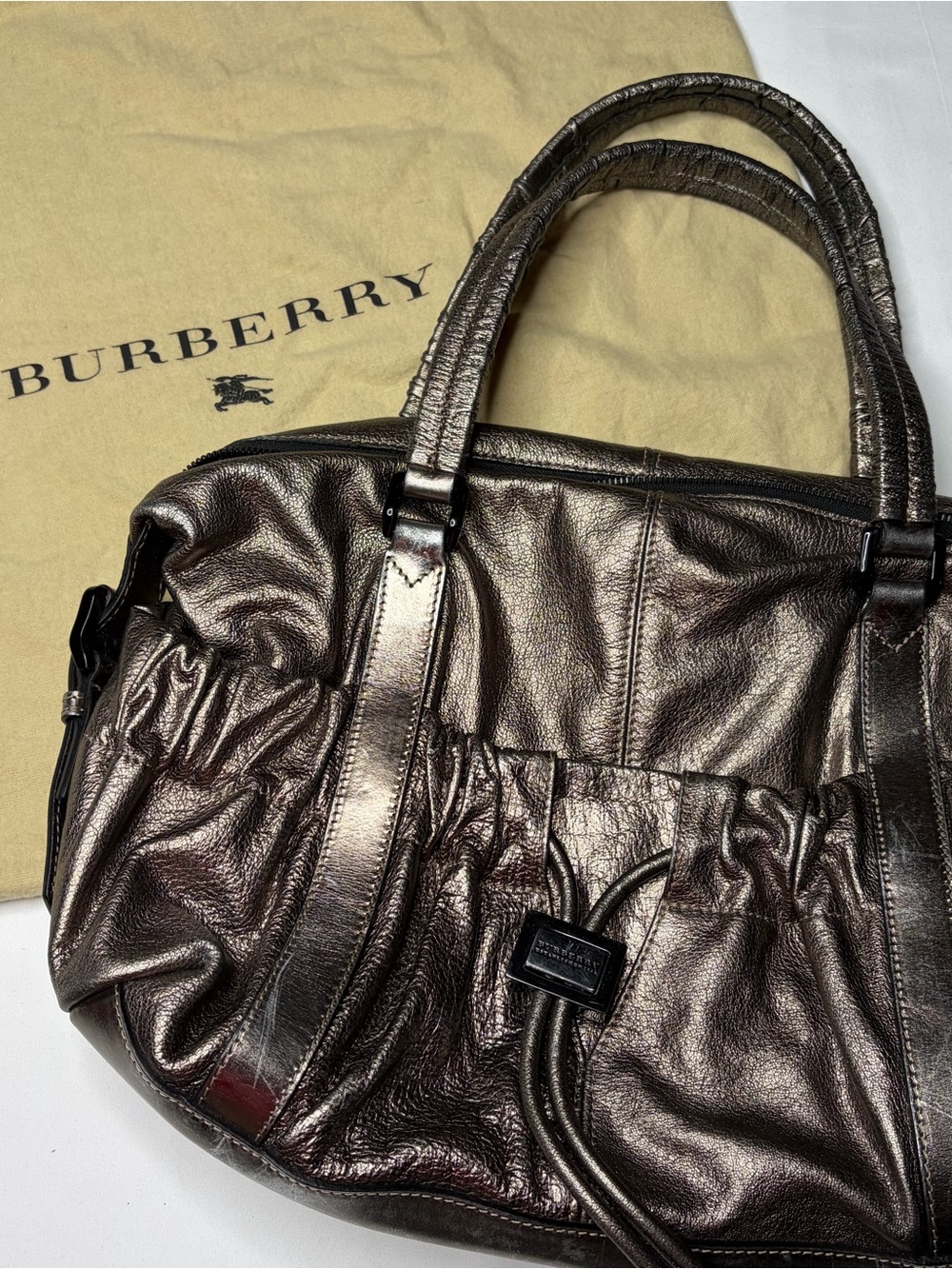 Burberry Metallic Pewter Leather Curzon Satchel Bag Vintage 2000s